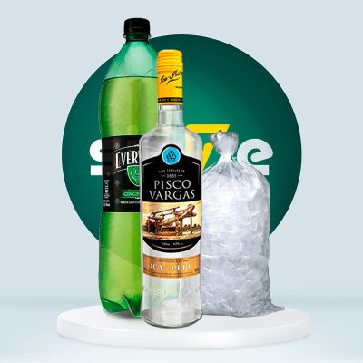 Combo Pisco VARGAS Puro de Ica Botella 750ml + Evervess 1.5L + Hielo 1.5kg