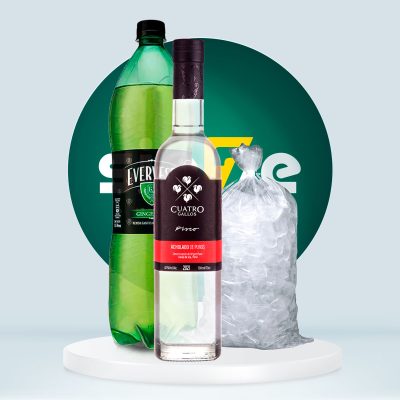 Combo Pisco Cuatro Gallos Acholado + Evervess 1.5L + Hielo 1.5kg
