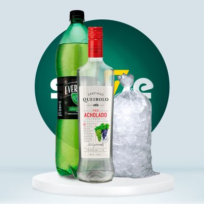 Combo Pisco Santiago Queirolo Acholado 750ml + Evervess 1.5L + Hielo 1.5kg