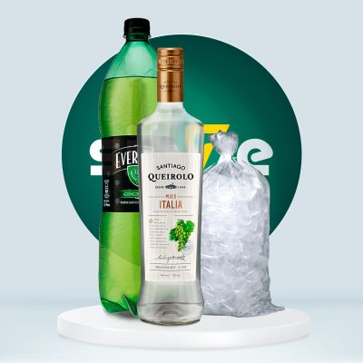 Combo Pisco Santiago Queirolo Italia 750ml + Evervess 1.5L + Hielo 1.5kg