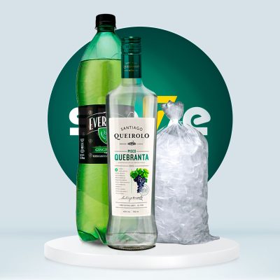 Combo Pisco Santiago Queirolo Quebranta Botella 750ml + Evervess 1.5L + Hielo 1.5kg