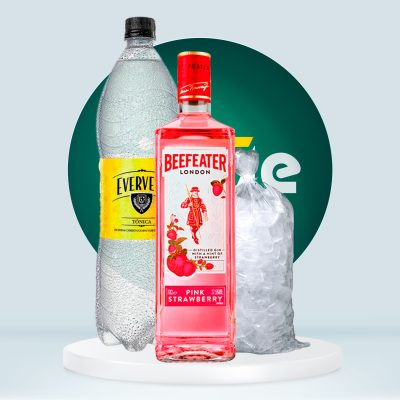 Combo Gin BEEFEATER Pink Strawberry 700ml + Evervess Agua Tónica 1.5L + Hielo 1.5kg